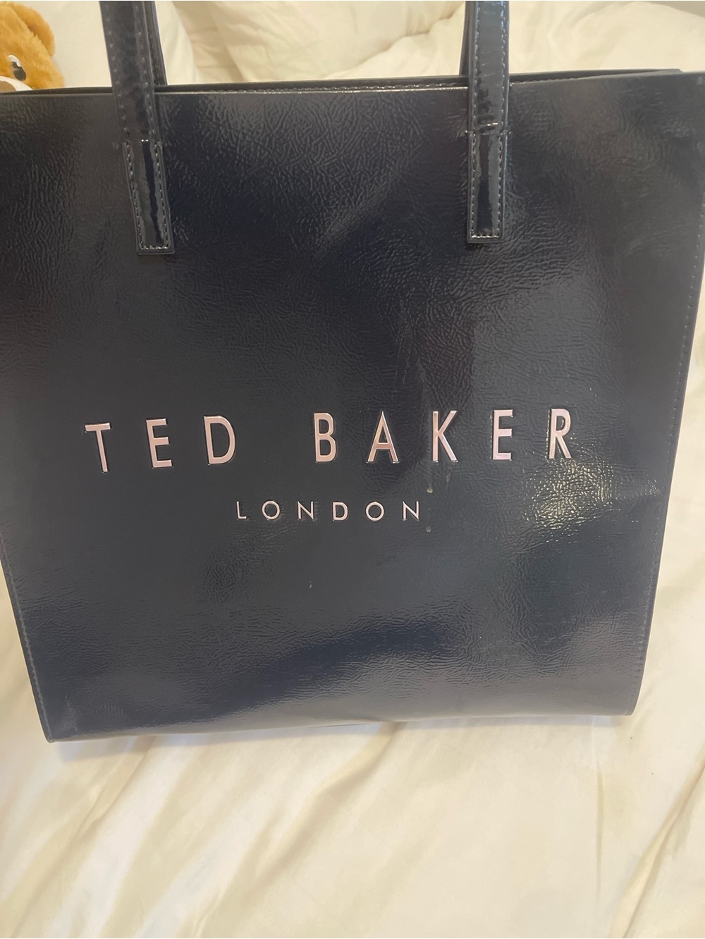 Ted Baker Navy Patent Tote with Pink Logo